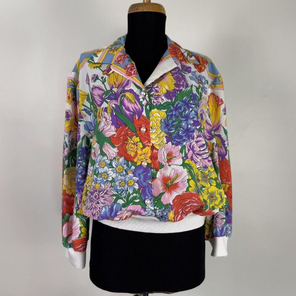 Vintage 80s 90s Bold Multicolor Floral Print Blouse, Festival Retro Flower Shirt
